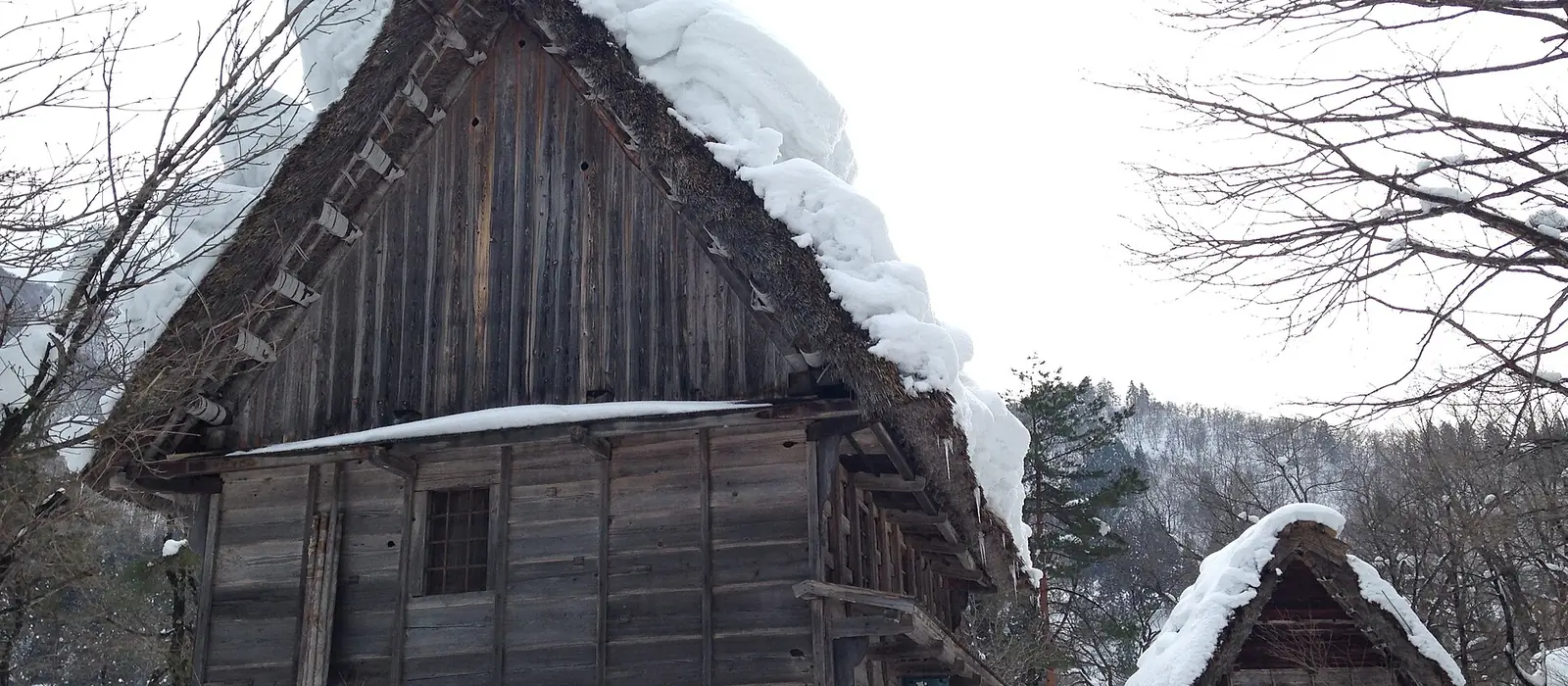 板壁を組んだ二階建ての板倉。屋根の雪が軒から外へせり出している(岐阜県白川村)