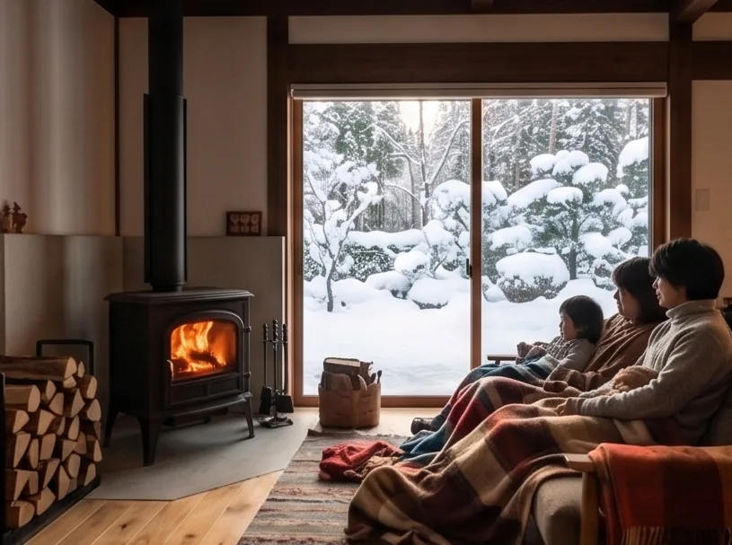 薪ストーブのそばで雪の庭を眺める暮らし(イメージ)