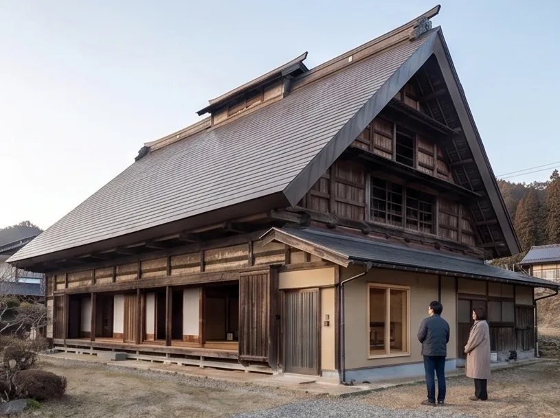 大屋根の実家を前に相談するふたり(イメージ)