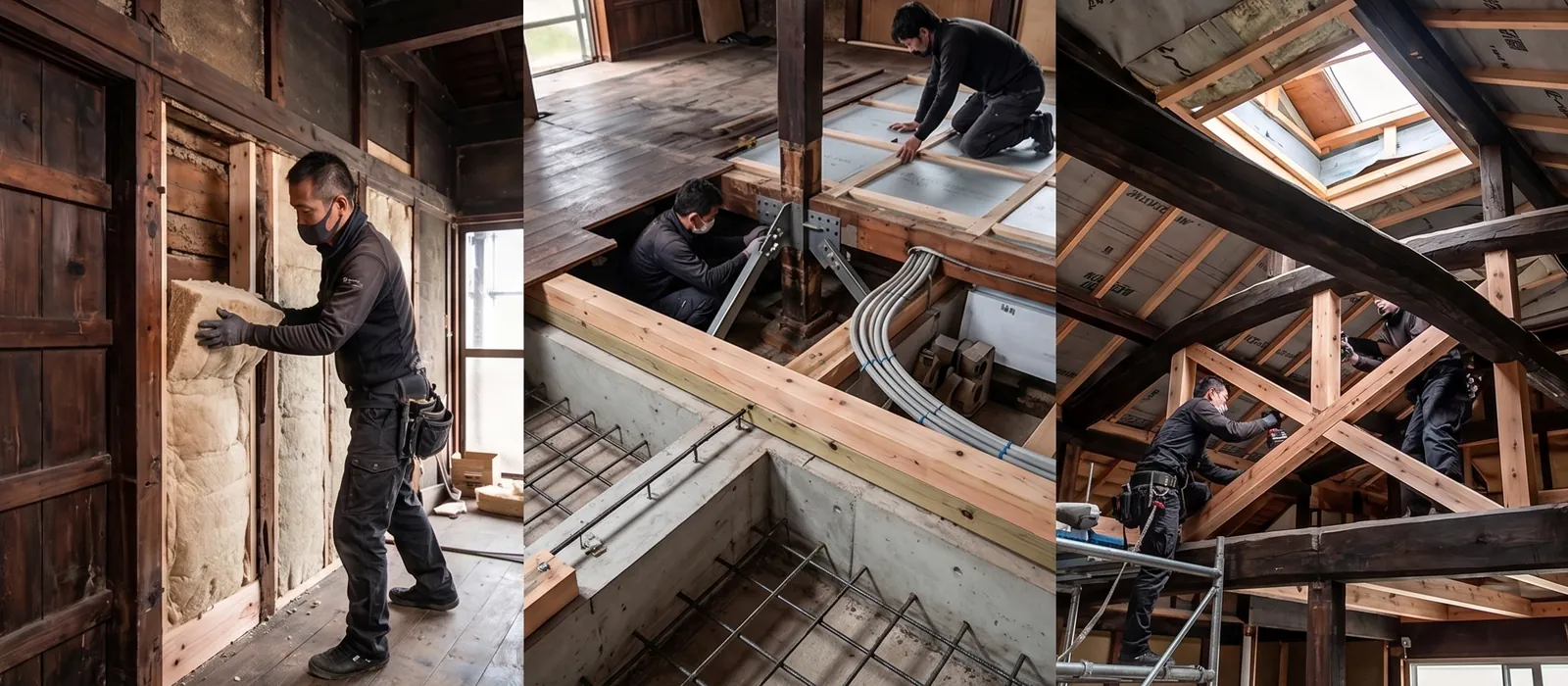 断熱材の充填、床下と基礎の補強、小屋組の耐震補強の様子（イメージ）