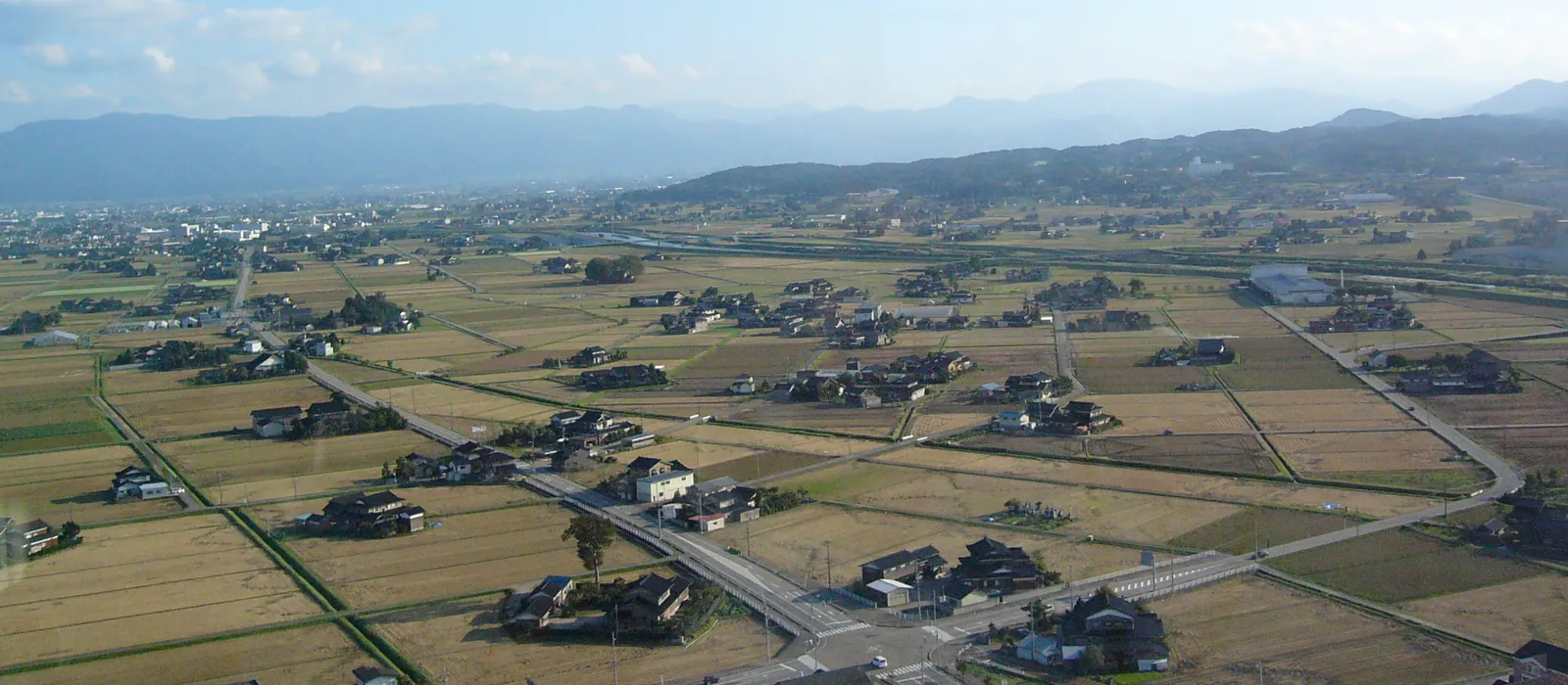 田畑の中に戸建ての家々があちこちにある砺波平野の散居村(小矢部市)