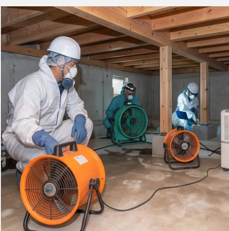 送風機で床下を乾燥させる作業