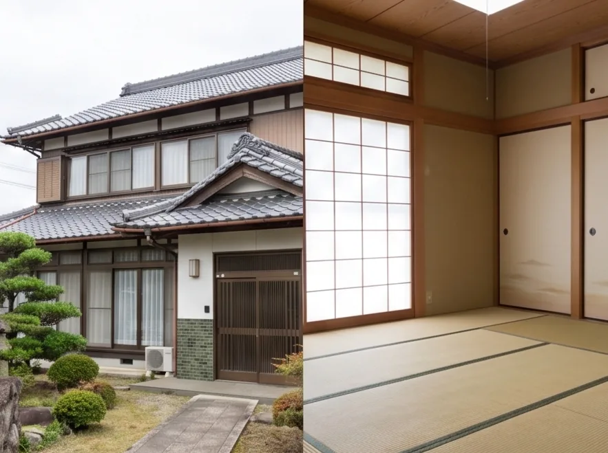 相続した実家の外観と和室（イメージ）