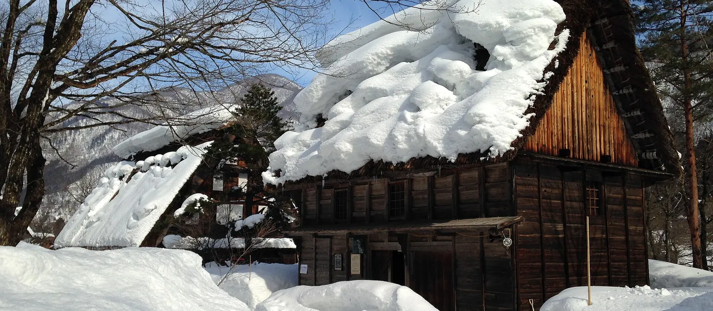 茅葺きの屋根に積もった雪が軒先から外へ張り出し、下屋の屋根にも雪が積み重なった民家(岐阜県白川村)